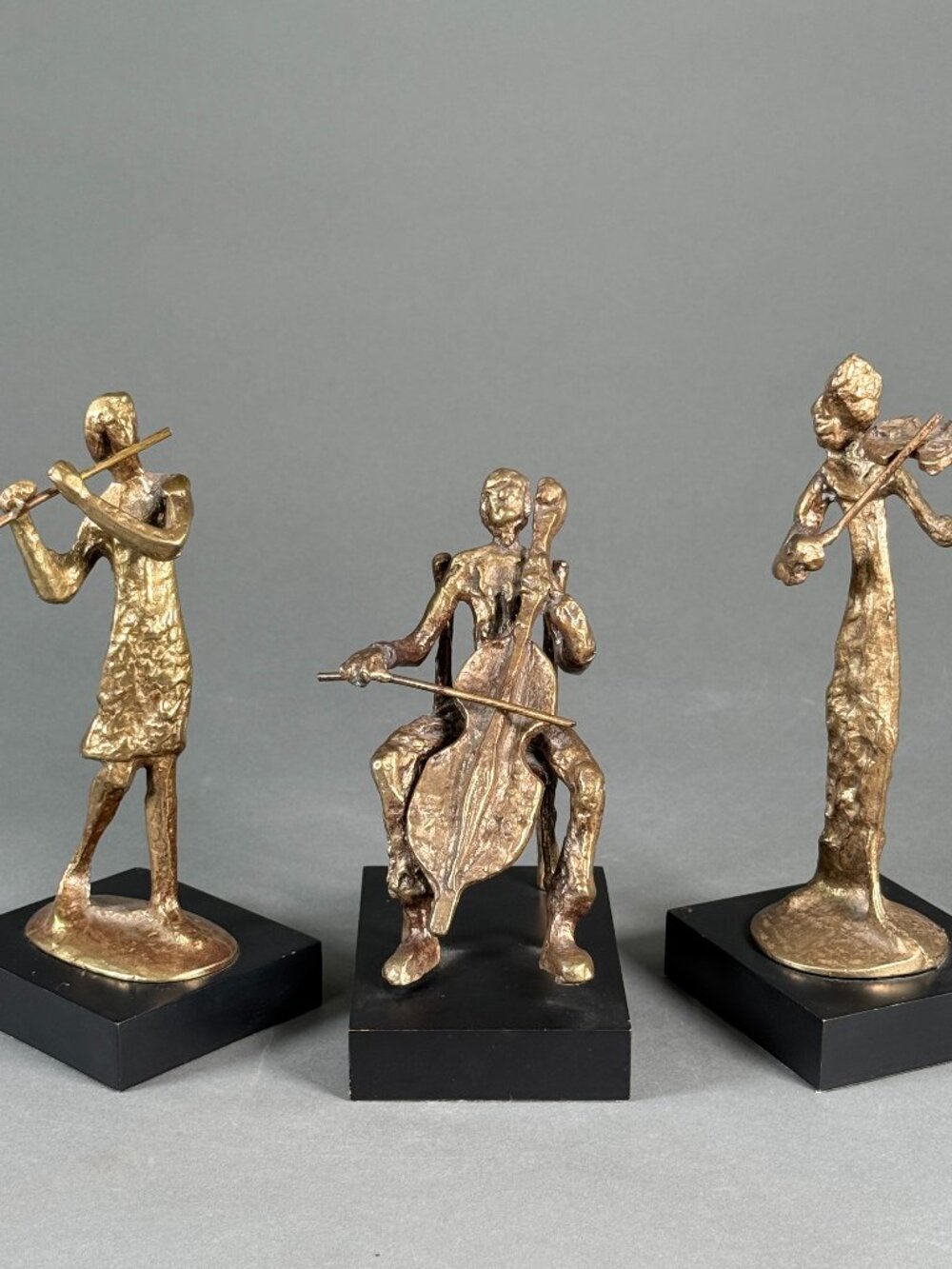 Vintage Bronze Musician Statues Set of 3 Giacometti Style Cello Flute Violin 9"